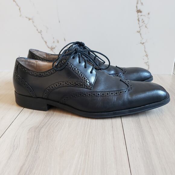 Joseph Abboud Shoes Wingtip Brogue Oxford Mens 11D Black Italian Leather Dress - Picture 2 of 13